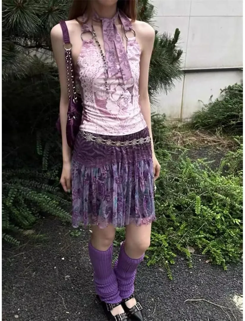 Women's Gothic Print Halter Tops Sleeveless Lace Up Crop Y2k Vintage Tank Tops