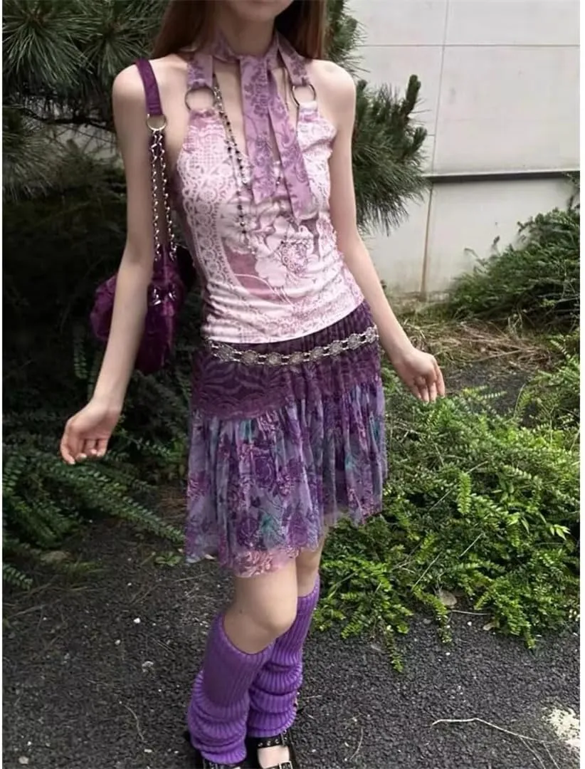 Women's Gothic Print Halter Tops Sleeveless Lace Up Crop Y2k Vintage Tank Tops