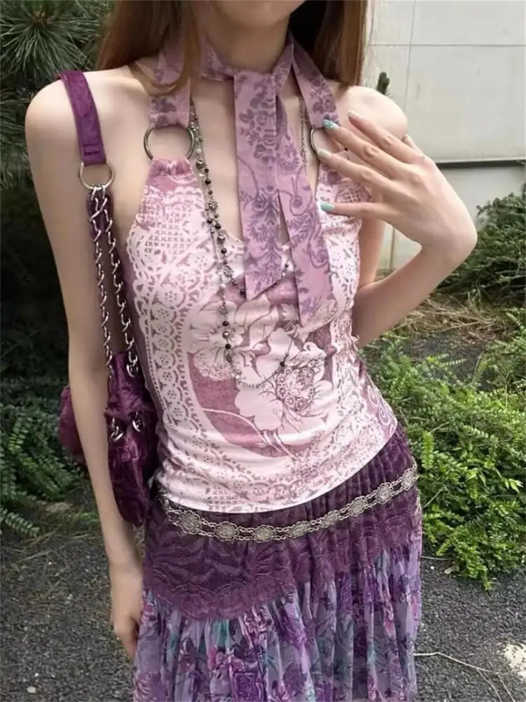 Women's Gothic Print Halter Tops Sleeveless Lace Up Crop Y2k Vintage Tank Tops