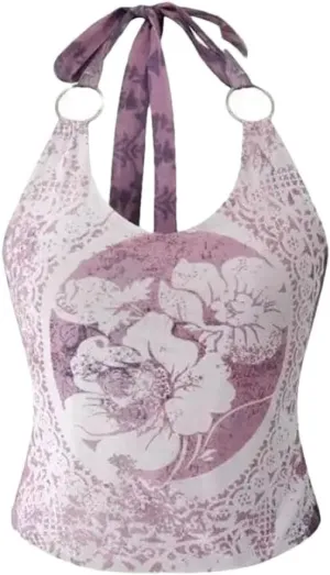 Women's Gothic Print Halter Tops Sleeveless Lace Up Crop Y2k Vintage Tank Tops