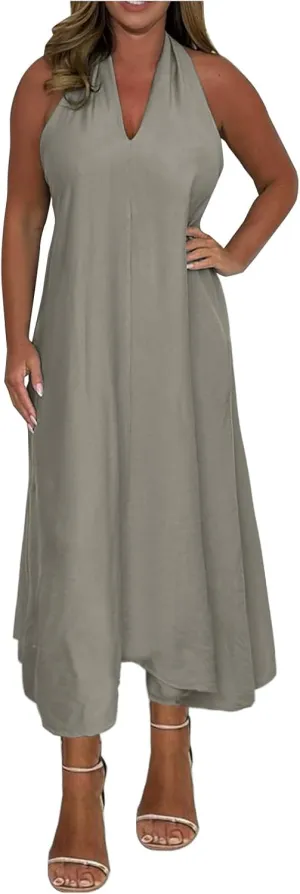 Women's Halter Sundress Summer Fashion Sleeveless Loose Long Dress Oversized Flowy Beach Vacation Dresses