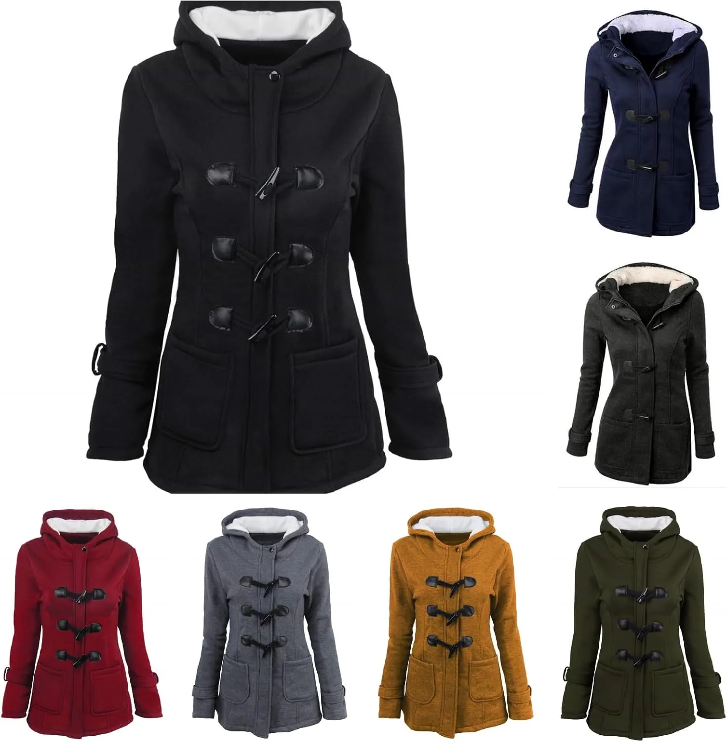Women's Hooded Horn Fleece Jacket Winter Sherpa Lined Padded Coat Casual Thicken Warm Parkas Outerwear with Pockets
