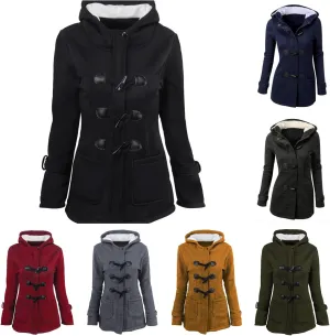 Women's Hooded Horn Fleece Jacket Winter Sherpa Lined Padded Coat Casual Thicken Warm Parkas Outerwear with Pockets