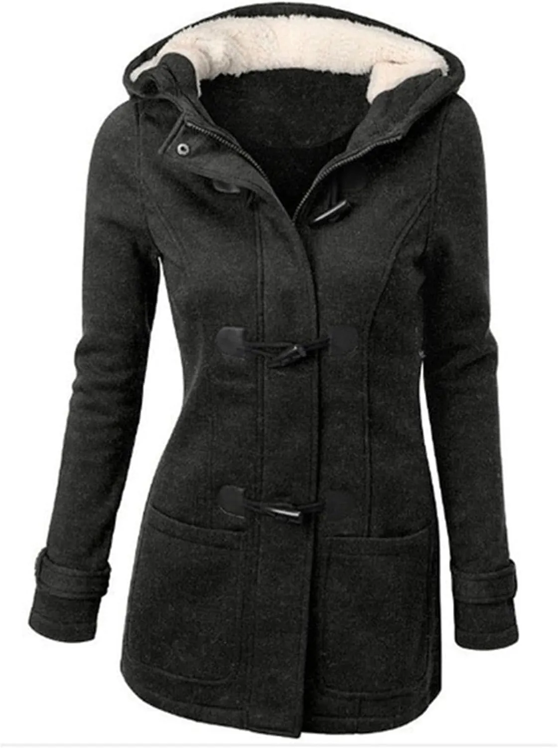 Women's Hooded Horn Fleece Jacket Winter Sherpa Lined Padded Coat Casual Thicken Warm Parkas Outerwear with Pockets