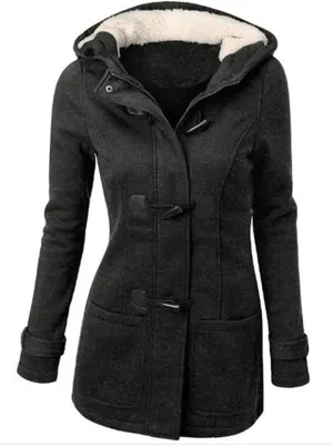 Women's Hooded Horn Fleece Jacket Winter Sherpa Lined Padded Coat Casual Thicken Warm Parkas Outerwear with Pockets