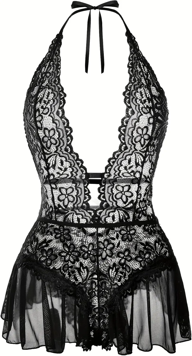 Women's Lace Bodysuit Sexy Halter V Neck One-Piece Teddy Lingerie