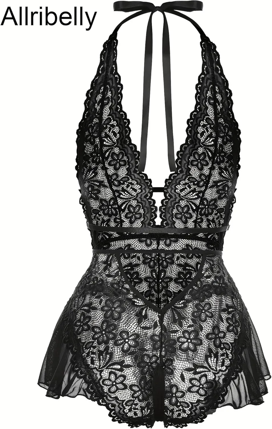 Women's Lace Bodysuit Sexy Halter V Neck One-Piece Teddy Lingerie