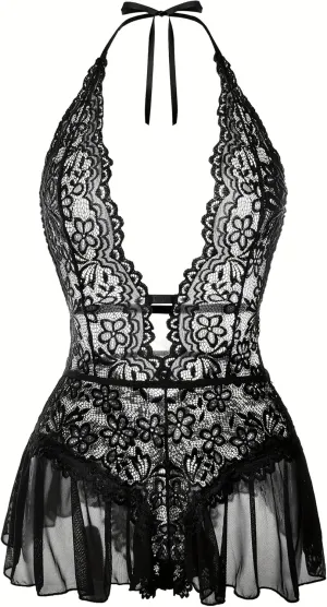 Women's Lace Bodysuit Sexy Halter V Neck One-Piece Teddy Lingerie