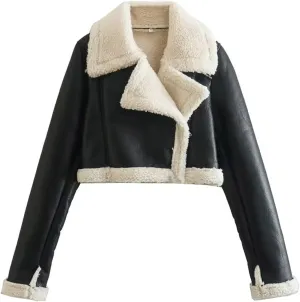 Women's Lamb Sherpa Lined Jacket Sexy Crop Fur Coats Winter Short Coat Zipper Motorcycle Style Jacket