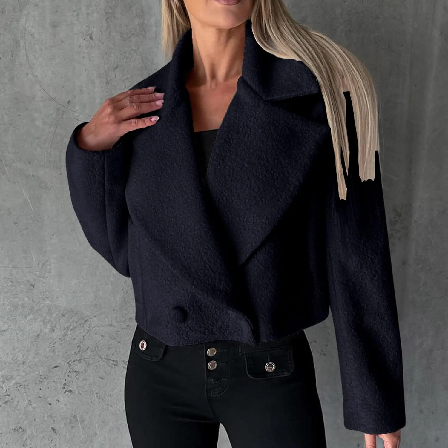 Women's Lapel Cropped Coats Wool Blend Business Casual Trench Coats Long Sleeve Open Front Button Up Dressy Jackets
