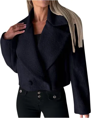 Women's Lapel Cropped Coats Wool Blend Business Casual Trench Coats Long Sleeve Open Front Button Up Dressy Jackets