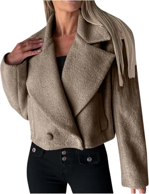 Women's Lapel Cropped Coats Wool Blend Business Casual Trench Coats Long Sleeve Open Front Button Up Dressy Jackets