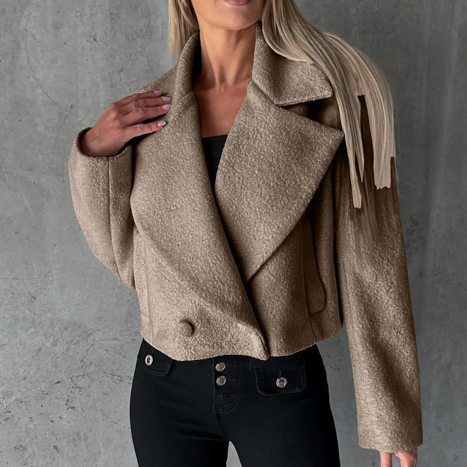 Women's Lapel Cropped Coats Wool Blend Business Casual Trench Coats Long Sleeve Open Front Button Up Dressy Jackets