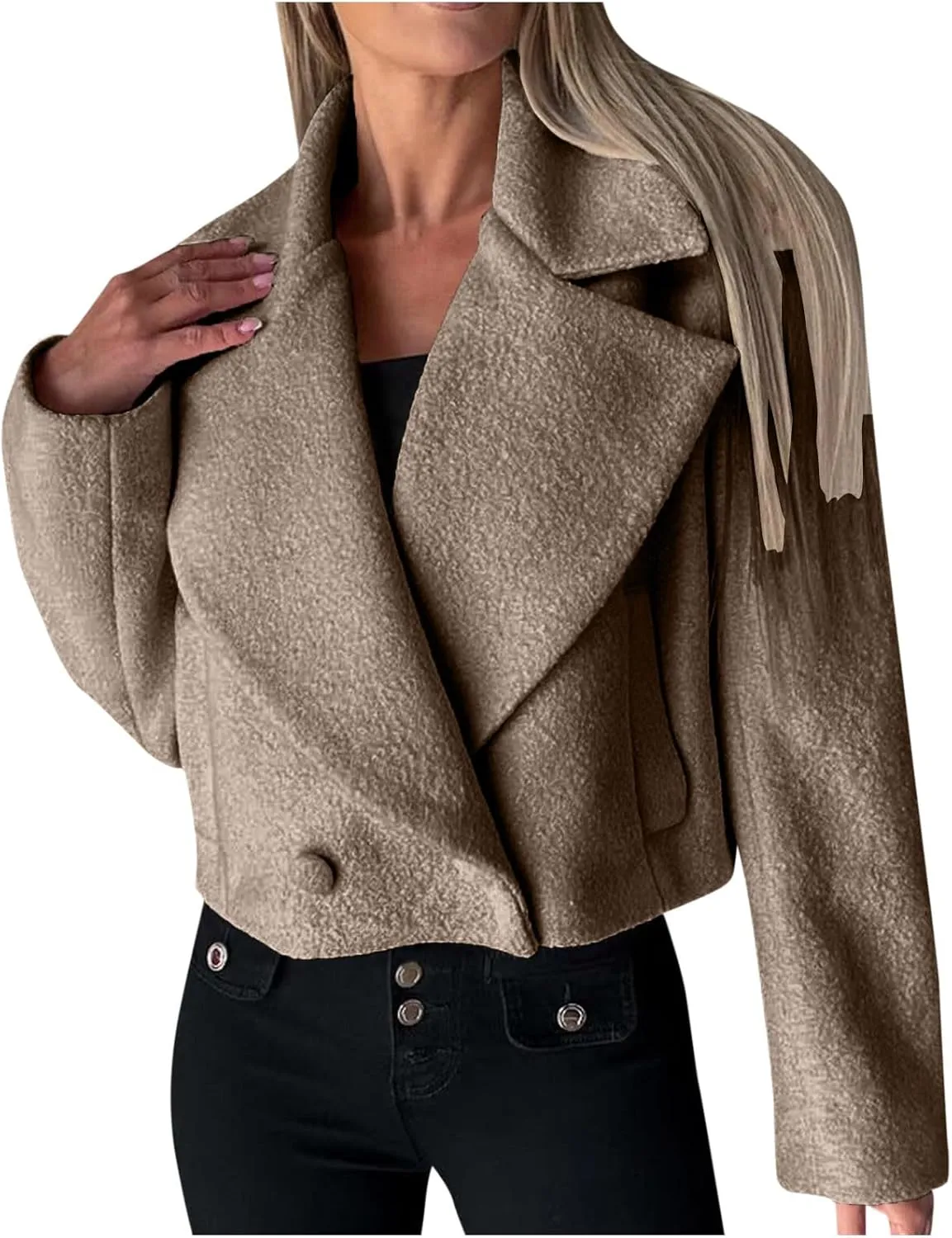 Women's Lapel Cropped Coats Wool Blend Business Casual Trench Coats Long Sleeve Open Front Button Up Dressy Jackets