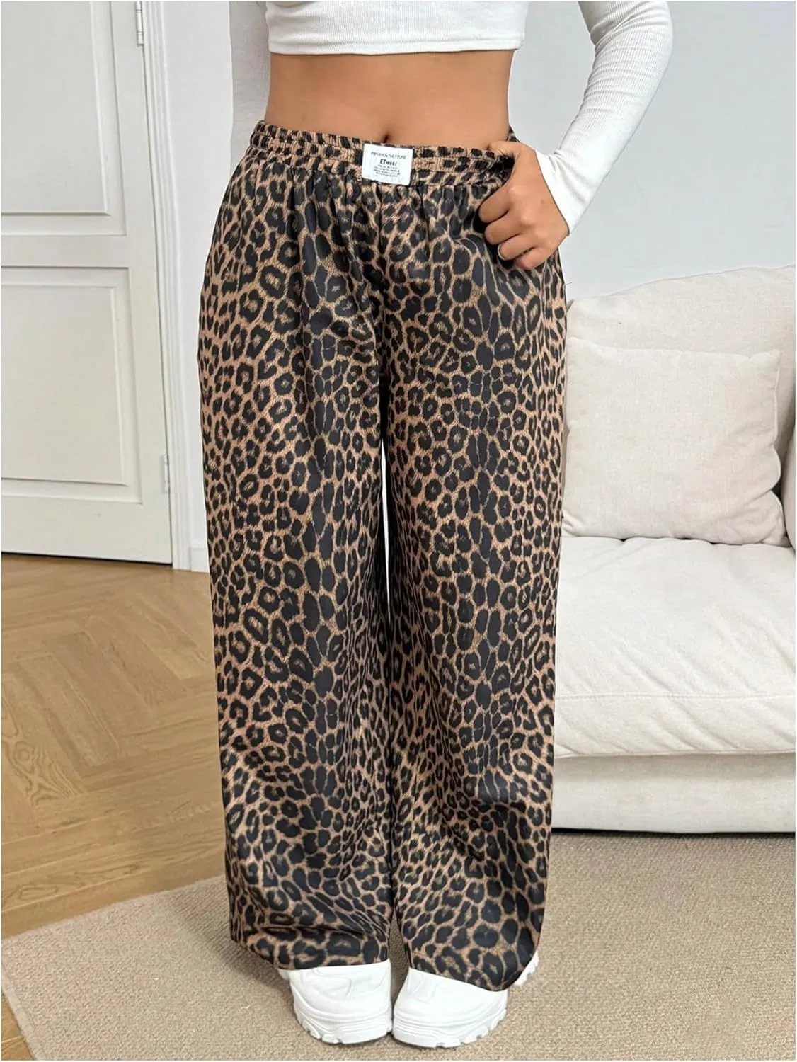 Women's Letter Leopard Print Straight Leg Pants Elastic Waist Y2K Trousers Bottoms with Pockets