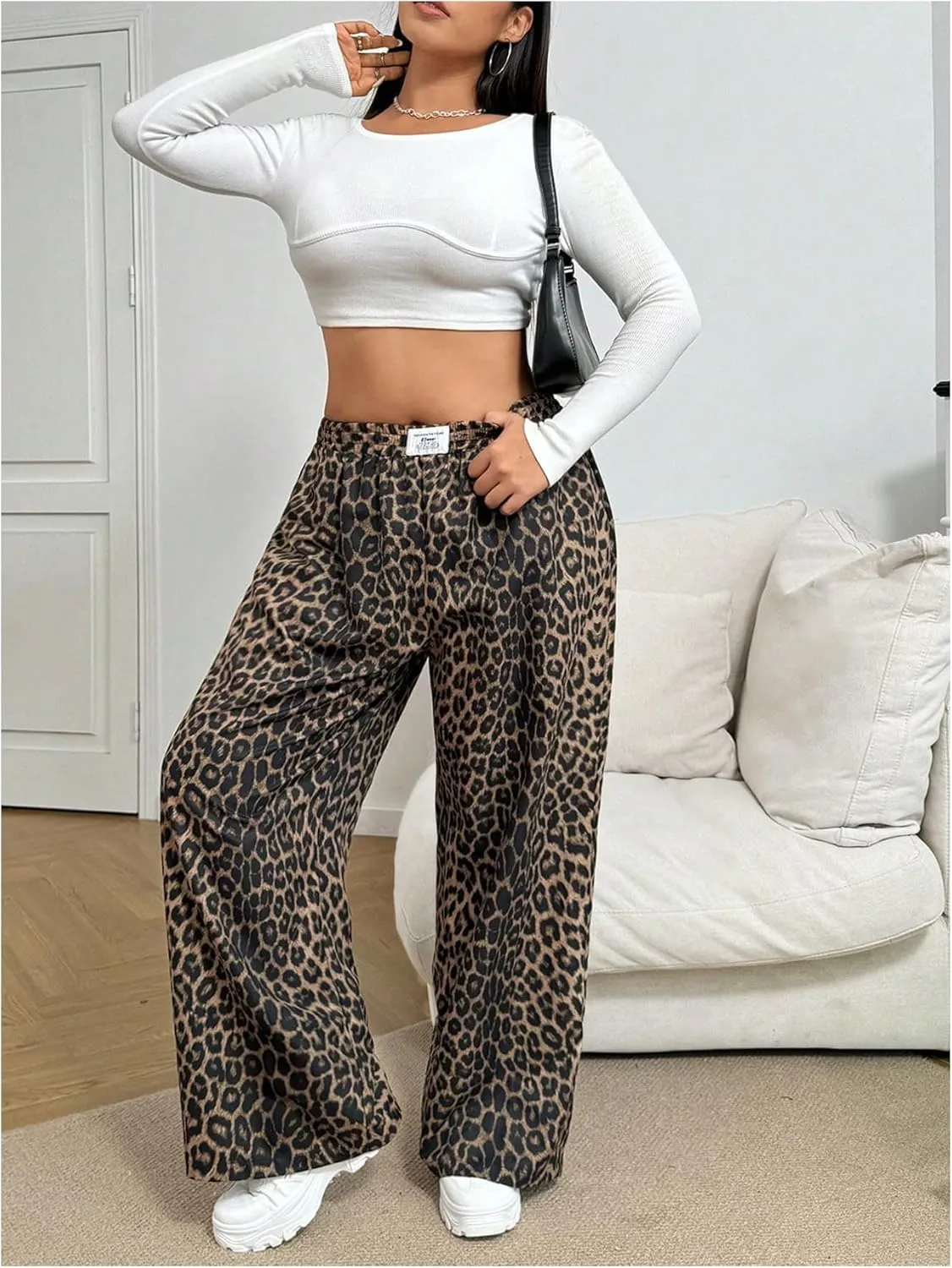 Women's Letter Leopard Print Straight Leg Pants Elastic Waist Y2K Trousers Bottoms with Pockets