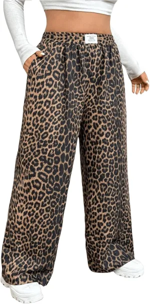 Women's Letter Leopard Print Straight Leg Pants Elastic Waist Y2K Trousers Bottoms with Pockets