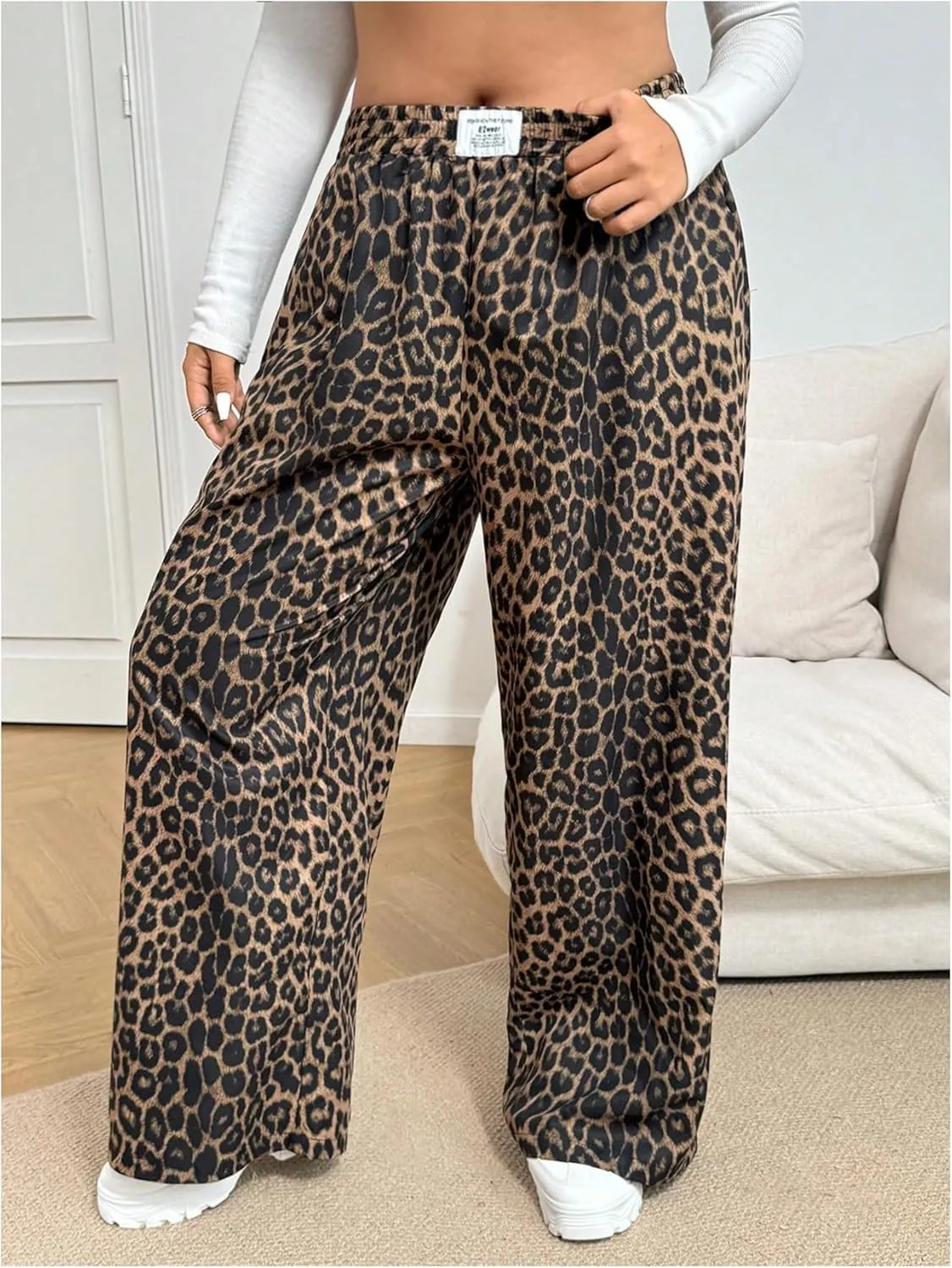 Women's Letter Leopard Print Straight Leg Pants Elastic Waist Y2K Trousers Bottoms with Pockets