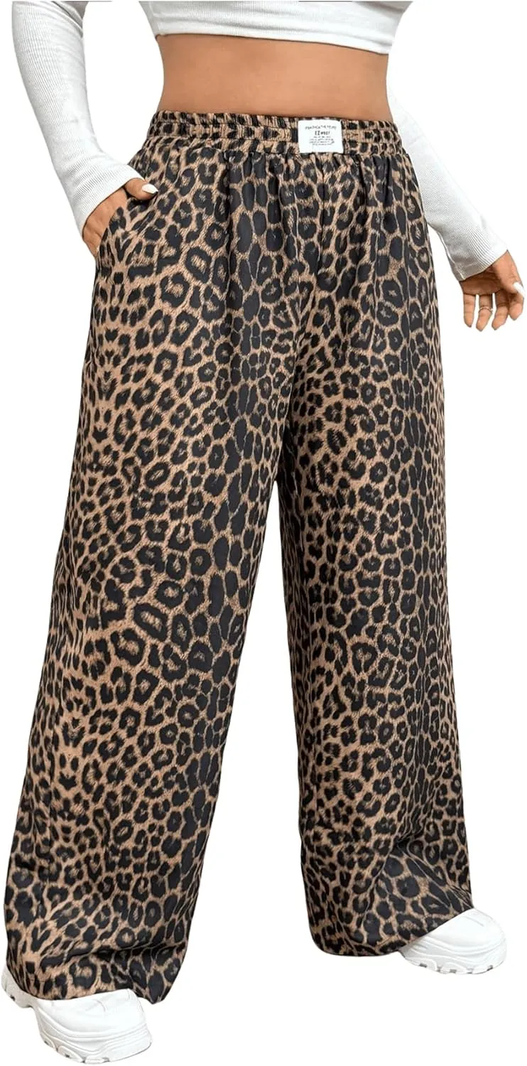 Women's Letter Leopard Print Straight Leg Pants Elastic Waist Y2K Trousers Bottoms with Pockets