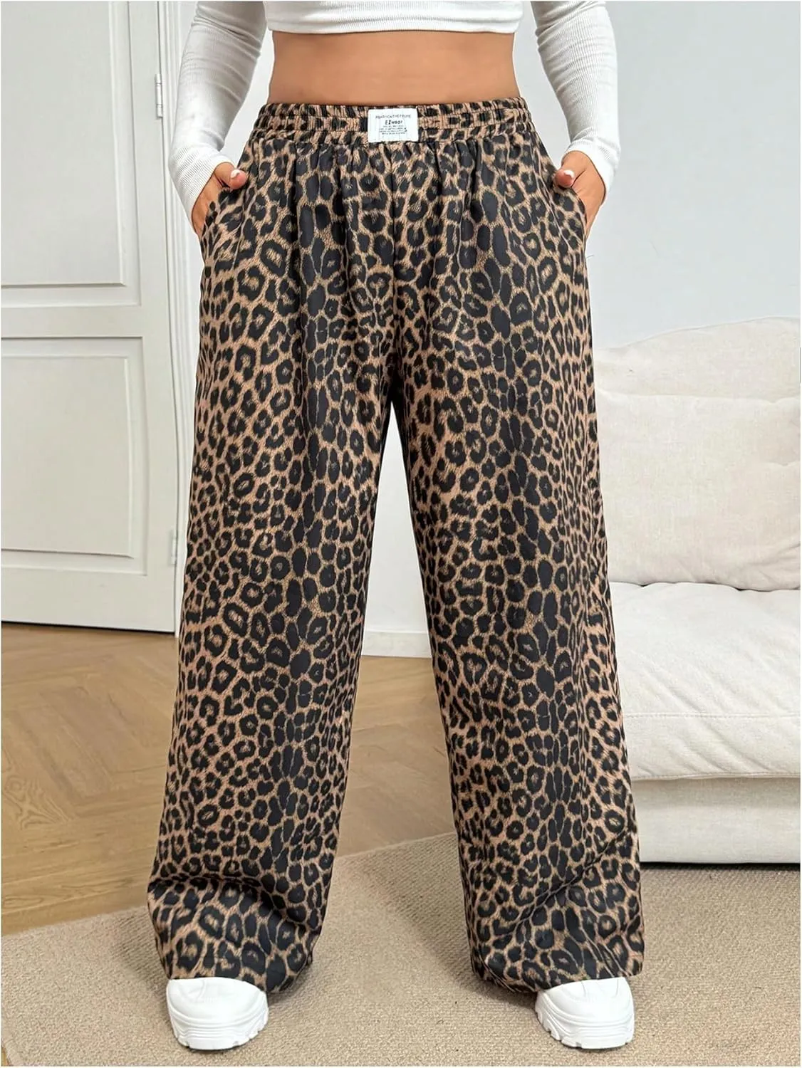 Women's Letter Leopard Print Straight Leg Pants Elastic Waist Y2K Trousers Bottoms with Pockets
