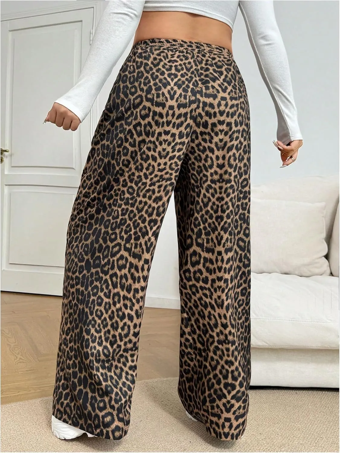 Women's Letter Leopard Print Straight Leg Pants Elastic Waist Y2K Trousers Bottoms with Pockets