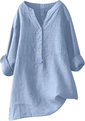 Women's Linen Button Down Shirts V Neck Short Sleeve Tshirts Light Weight Plain Blouses Casual Loose Fit Tunic Tops