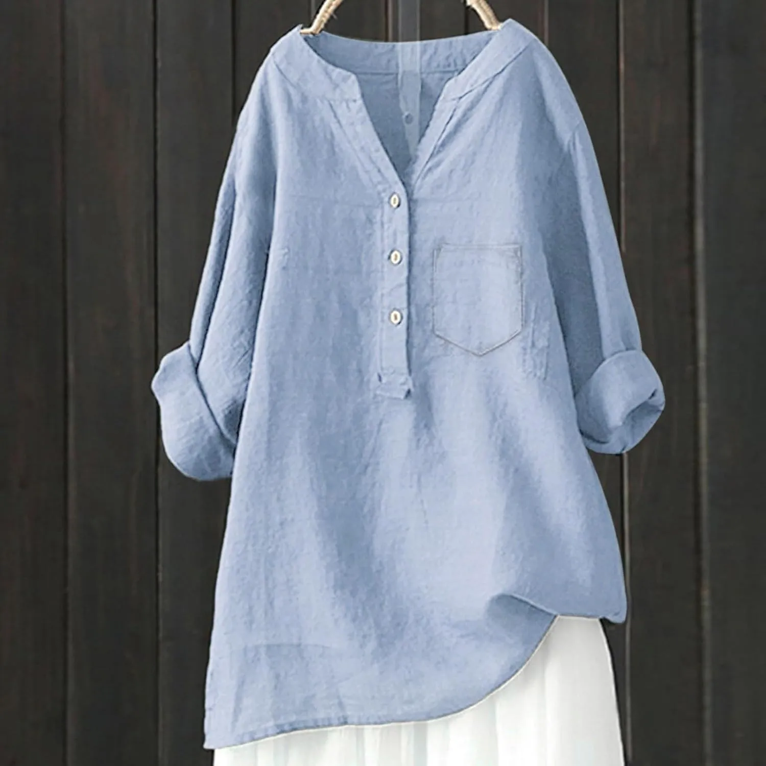 Women's Linen Button Down Shirts V Neck Short Sleeve Tshirts Light Weight Plain Blouses Casual Loose Fit Tunic Tops