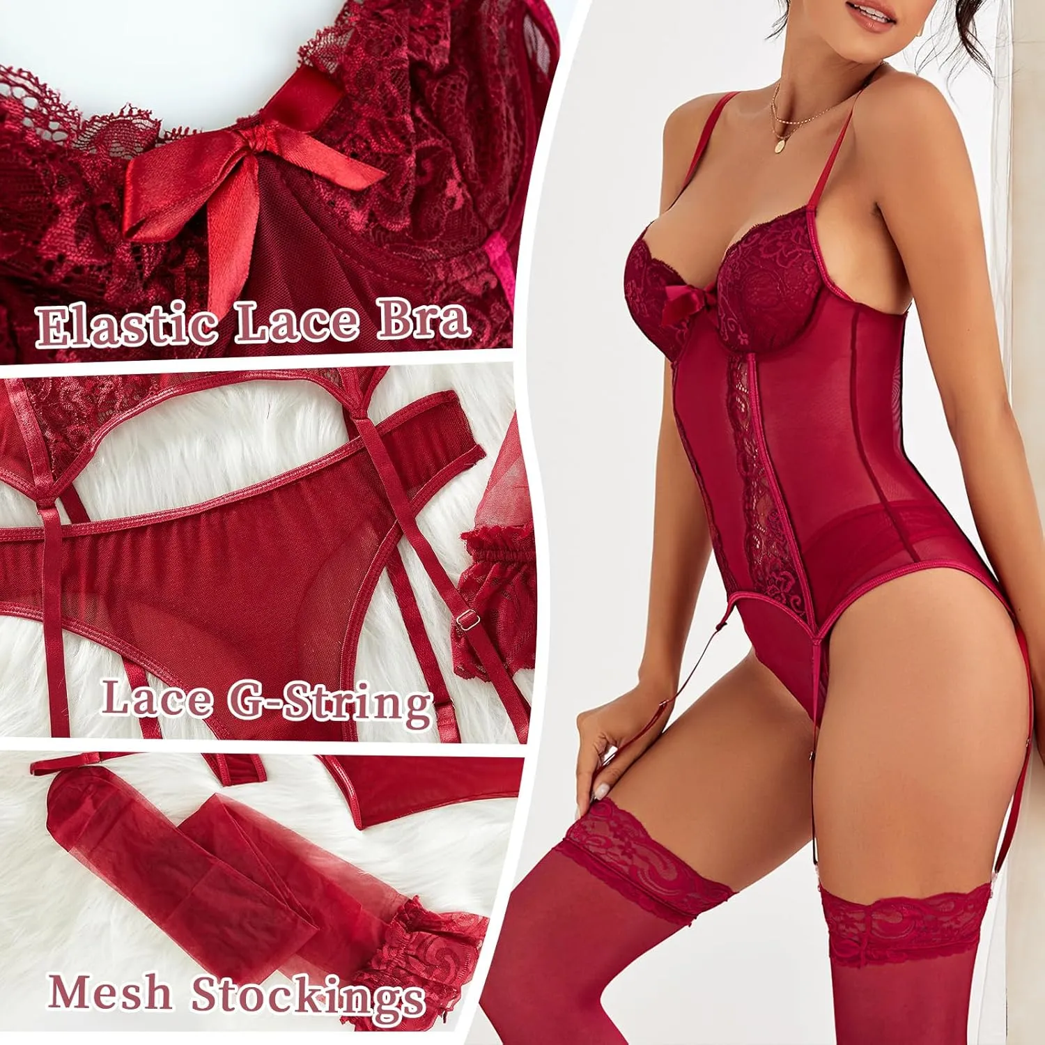 Women's Lingerie Set Garter Belt Mesh Bodysuit with Stockings and Panty Lace Sexy 3 Piece Set Lingerie for Women