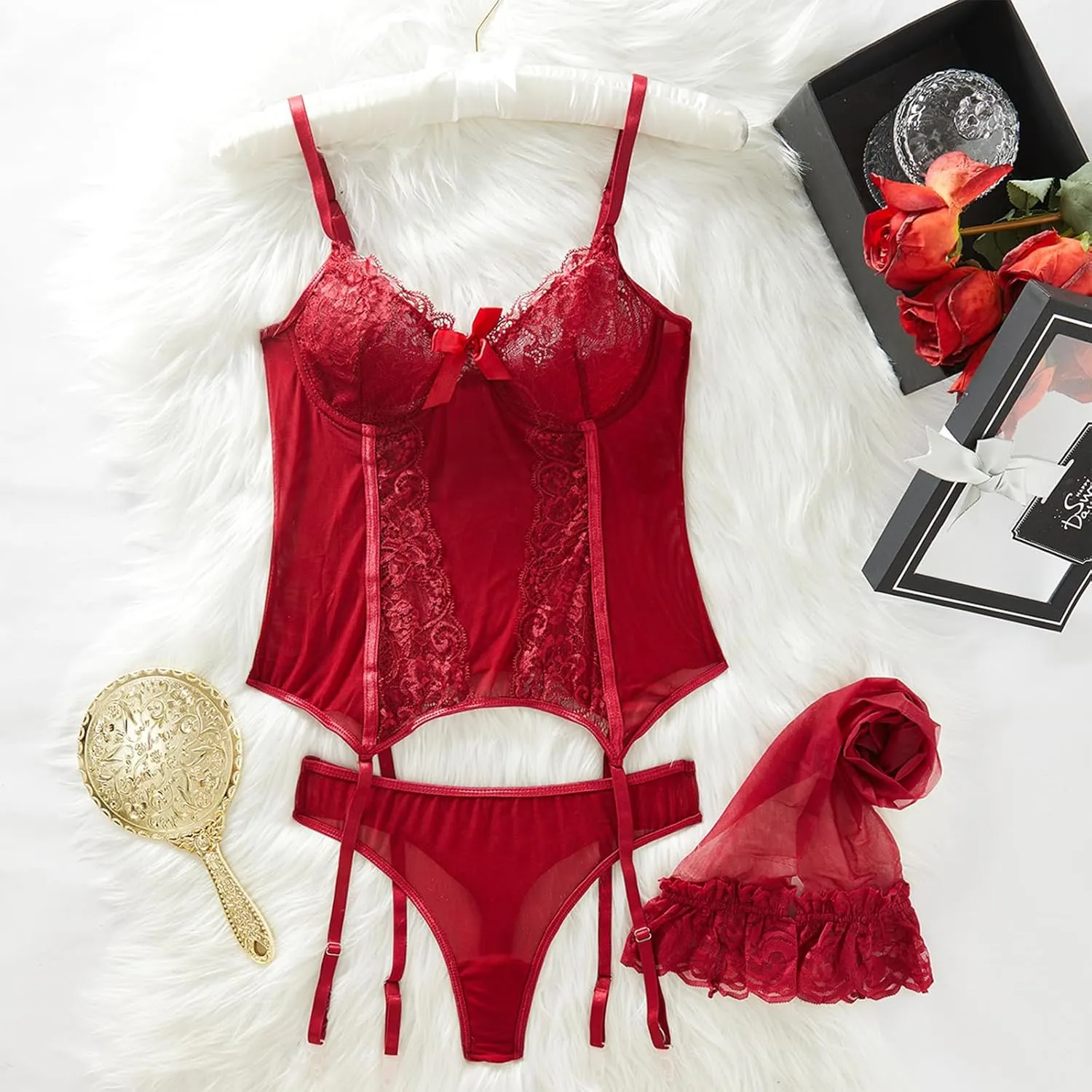 Women's Lingerie Set Garter Belt Mesh Bodysuit with Stockings and Panty Lace Sexy 3 Piece Set Lingerie for Women