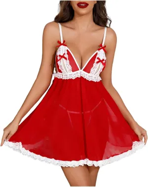 Women's Lingerie Sexy Nightgown Satin Lace Teddy Babydoll Deep V Chemise Mesh Exotic Lingerie Dress Naughty Boudoir
