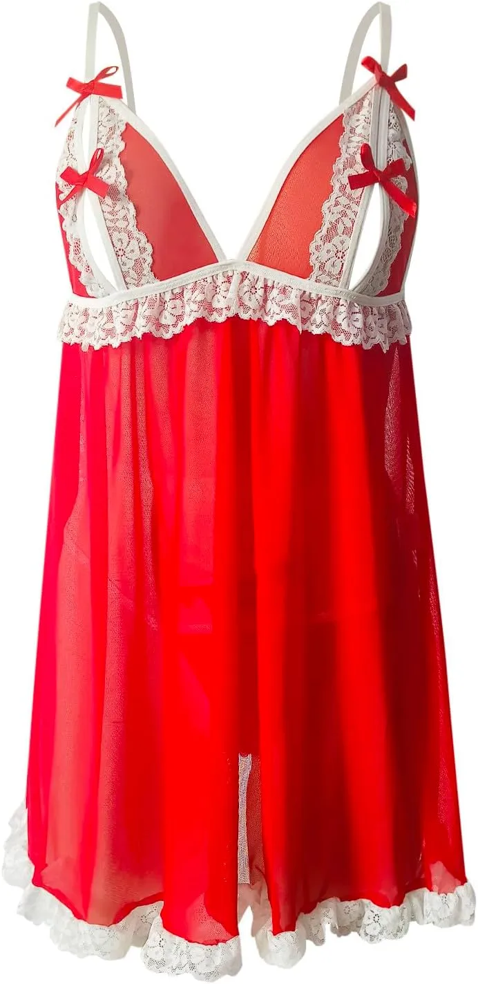 Women's Lingerie Sexy Nightgown Satin Lace Teddy Babydoll Deep V Chemise Mesh Exotic Lingerie Dress Naughty Boudoir