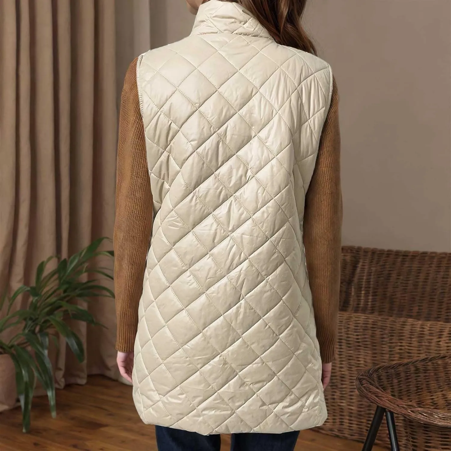Womens Long Puffer Vest 2024 Sleeveless Zip Up Vest Long Winter Vest Quilted Down Coat Lightweight Trendy Vest Jacket