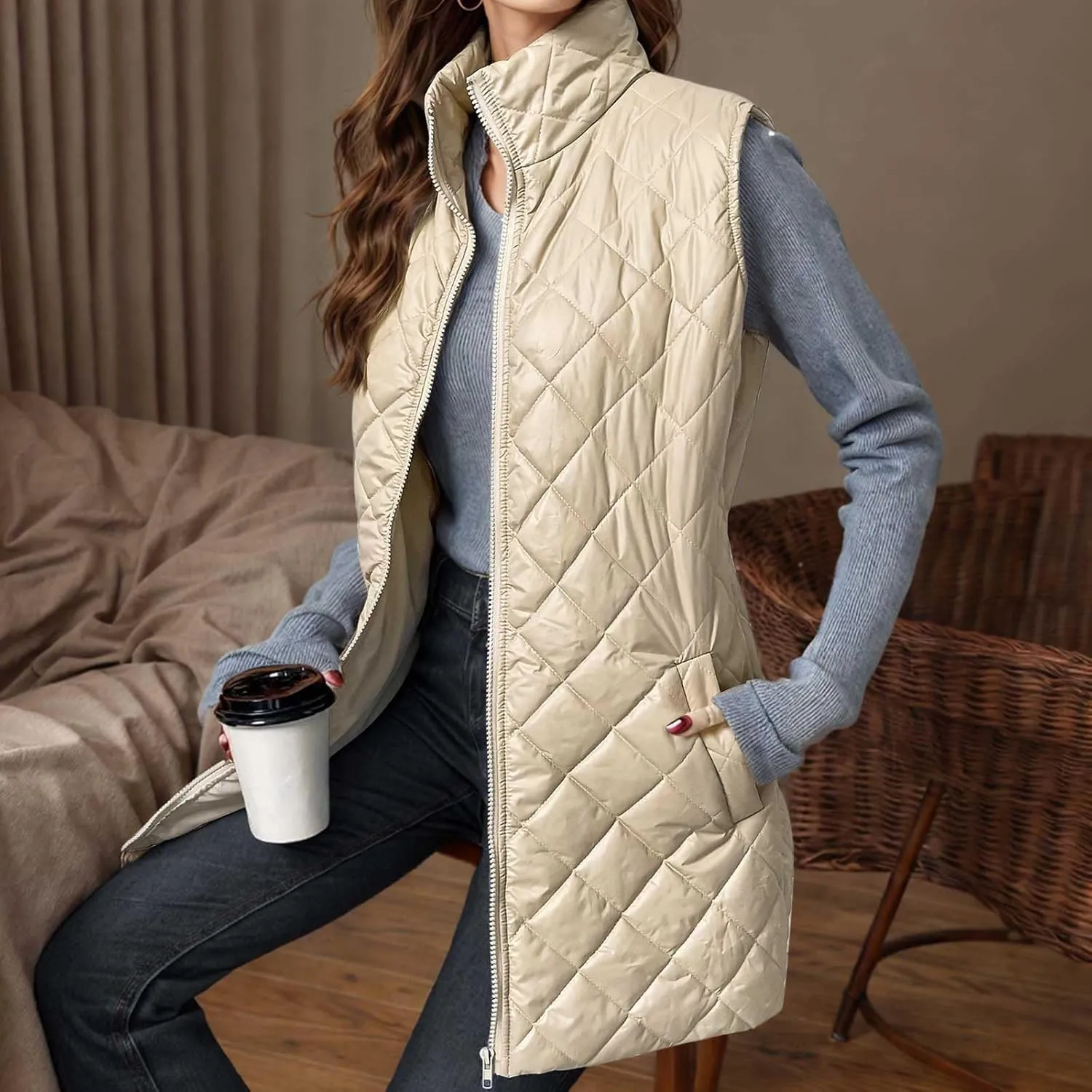Womens Long Puffer Vest 2024 Sleeveless Zip Up Vest Long Winter Vest Quilted Down Coat Lightweight Trendy Vest Jacket