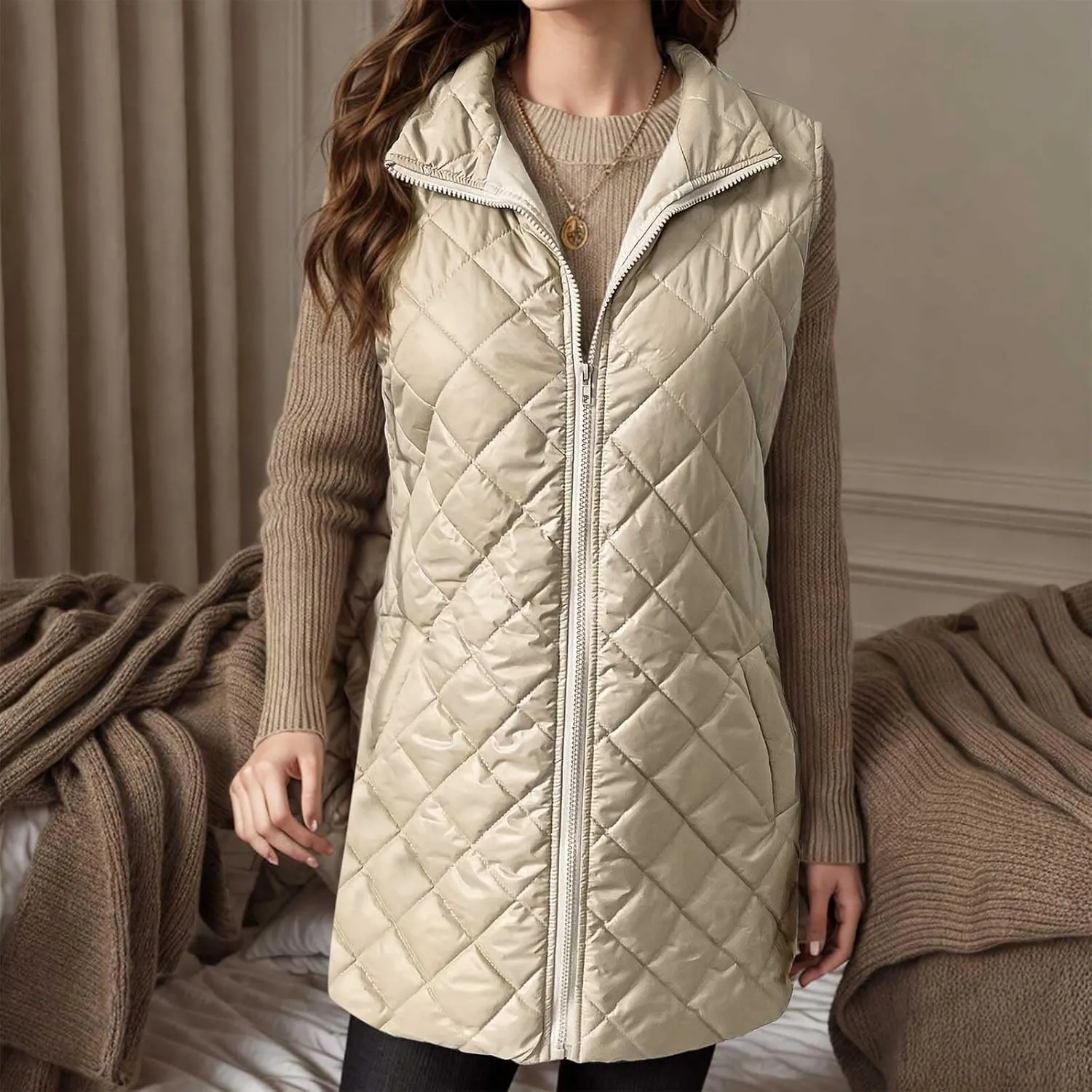 Womens Long Puffer Vest 2024 Sleeveless Zip Up Vest Long Winter Vest Quilted Down Coat Lightweight Trendy Vest Jacket