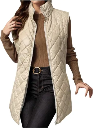 Womens Long Puffer Vest 2024 Sleeveless Zip Up Vest Long Winter Vest Quilted Down Coat Lightweight Trendy Vest Jacket
