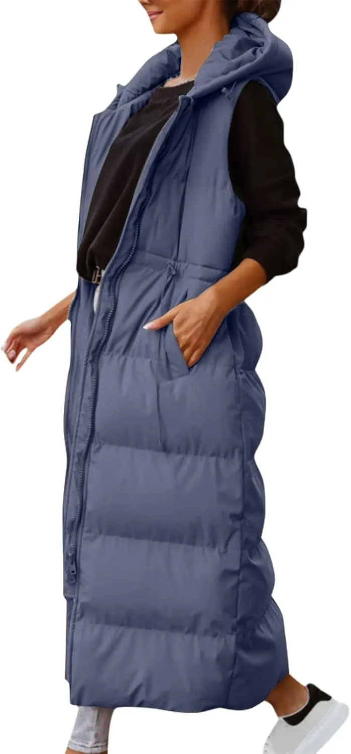 Women's Long Quilted Vest Coat Hooded Maxi Length Sleeveless Puffer Vest Padded Coat Winter Vest Outerwear