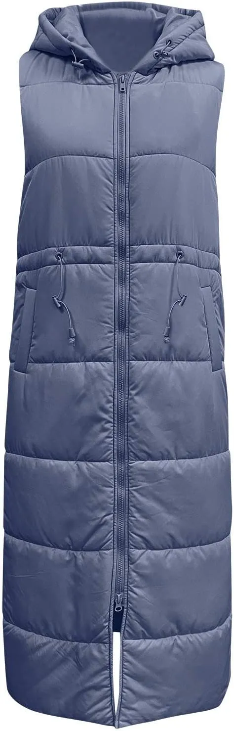 Women's Long Quilted Vest Coat Hooded Maxi Length Sleeveless Puffer Vest Padded Coat Winter Vest Outerwear