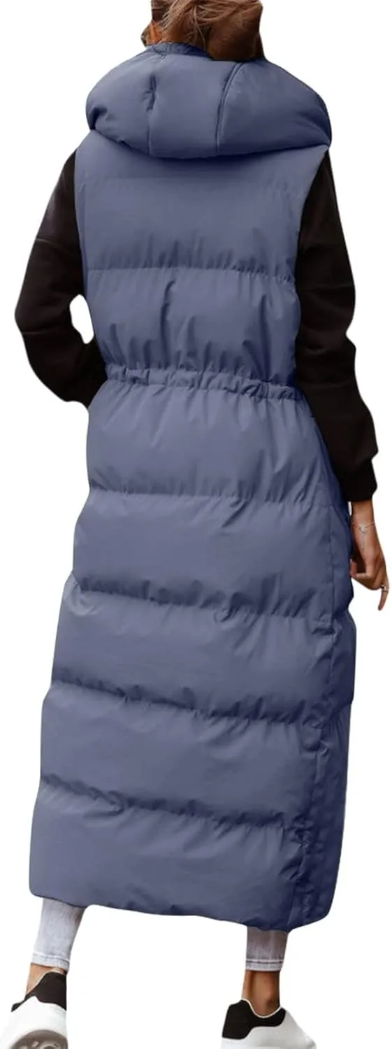 Women's Long Quilted Vest Coat Hooded Maxi Length Sleeveless Puffer Vest Padded Coat Winter Vest Outerwear