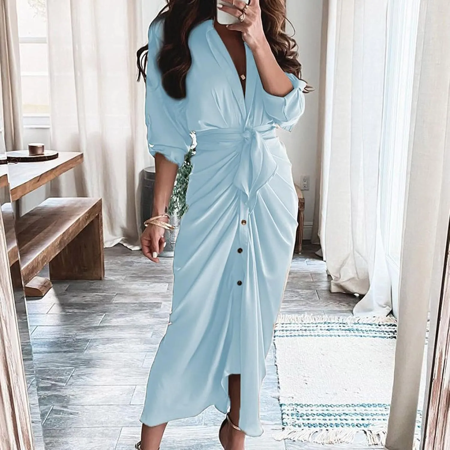 Women's Long Sleeve Button Down Ruched Maxi T-Shirts Dress Solid Plain Bodycon Long Tshirt Shirts Dresses with Belt