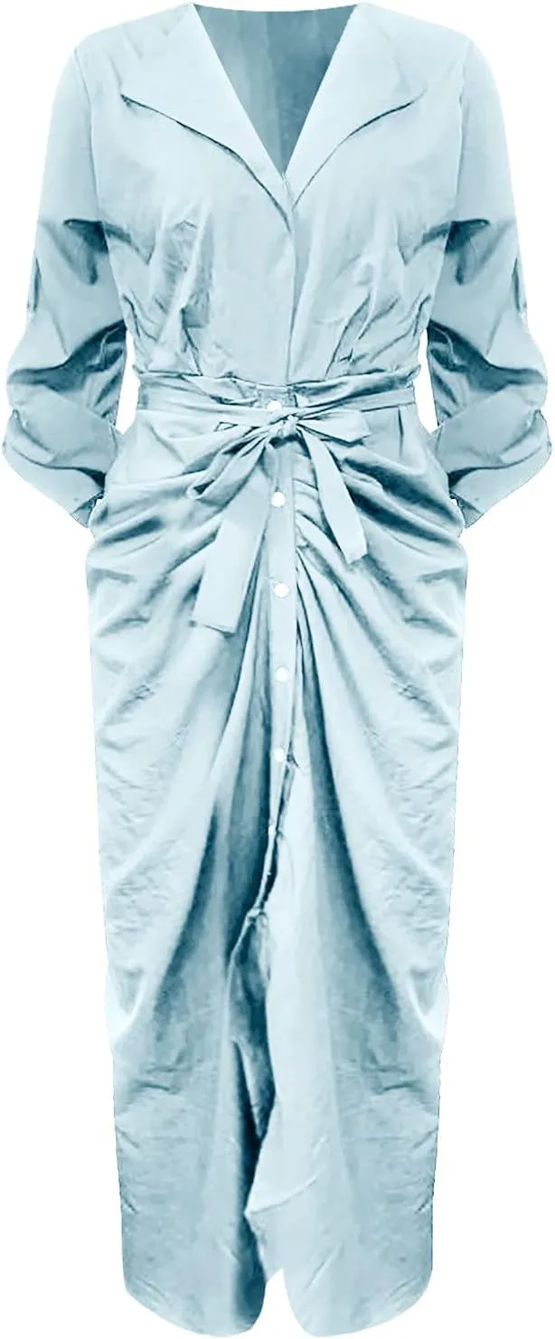 Women's Long Sleeve Button Down Ruched Maxi T-Shirts Dress Solid Plain Bodycon Long Tshirt Shirts Dresses with Belt