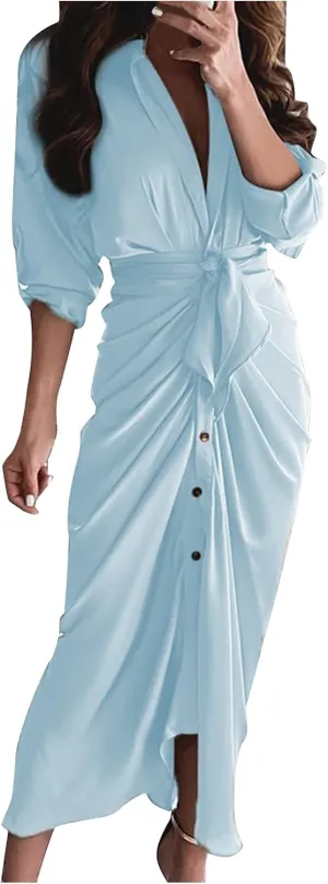 Women's Long Sleeve Button Down Ruched Maxi T-Shirts Dress Solid Plain Bodycon Long Tshirt Shirts Dresses with Belt