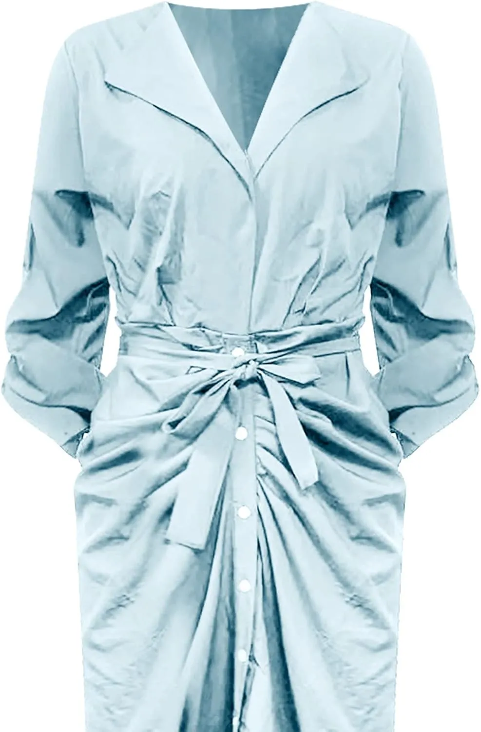 Women's Long Sleeve Button Down Ruched Maxi T-Shirts Dress Solid Plain Bodycon Long Tshirt Shirts Dresses with Belt