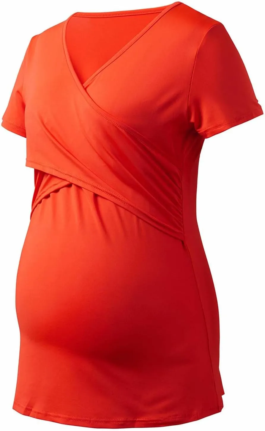 Women's Maternity Shirts Short Sleeve Pregnancy Tops Summer Blouses Casual Wrap V-Neck Ruched Pregnant Tunic Tee
