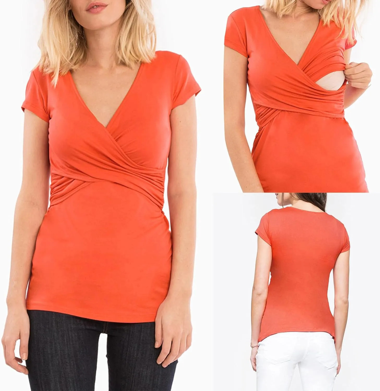 Women's Maternity Shirts Short Sleeve Pregnancy Tops Summer Blouses Casual Wrap V-Neck Ruched Pregnant Tunic Tee