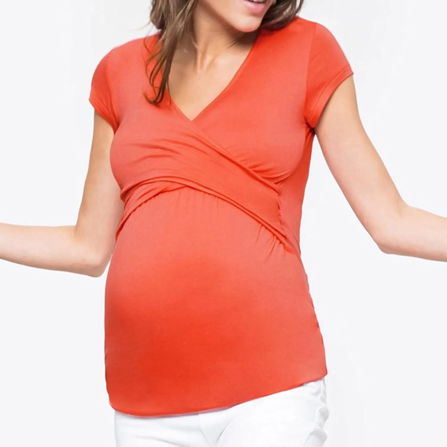 Women's Maternity Shirts Short Sleeve Pregnancy Tops Summer Blouses Casual Wrap V-Neck Ruched Pregnant Tunic Tee