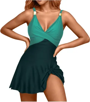 Womens One Piece Swimsuit Tummy Control Bathing Suit Criss Cross Swim Dress Slit Tie Sexy Backless Swimwear Skirt