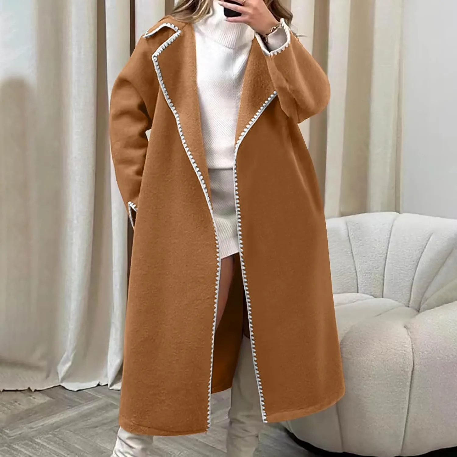 Women's Open Front Long Cardigan Wool Blend Coat Casual Lapel Coatigan Coat 2024 Fall Jacket Outerwear with Pockets