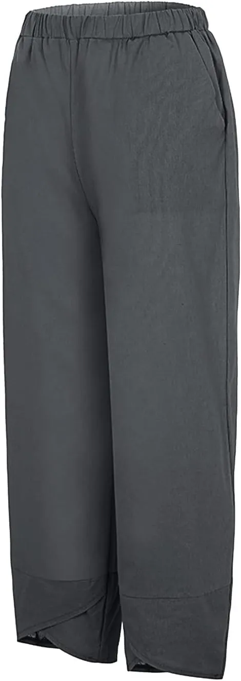 Women's Pants Casual Summer Elastic High Waist Linen Pants Straight Leg Wide Leg Cropped Pants Yoga Pants Plus