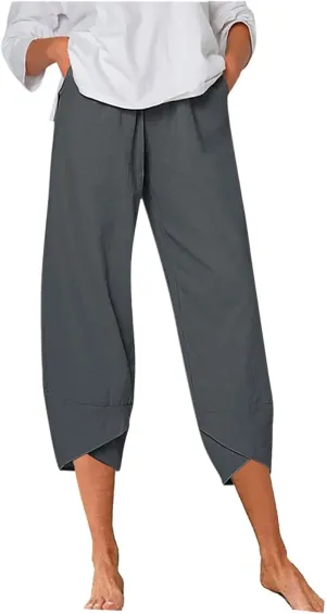 Women's Pants Casual Summer Elastic High Waist Linen Pants Straight Leg Wide Leg Cropped Pants Yoga Pants Plus