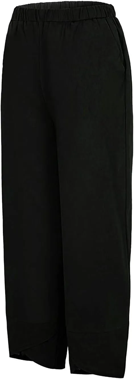 Women's Pants Casual Summer Elastic High Waist Linen Pants Straight Leg Wide Leg Cropped Pants Yoga Pants Plus